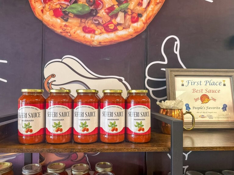 Seferi marinara sauce jars for sale at Angela’s Pizza & Deli in Southington CT